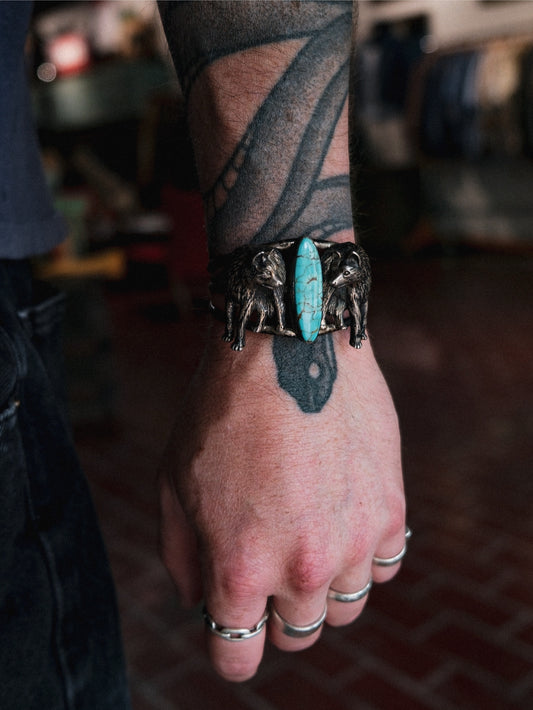 Vintage Navajo Sterling Silver Wolf Cuff Turquoise Bracelet
