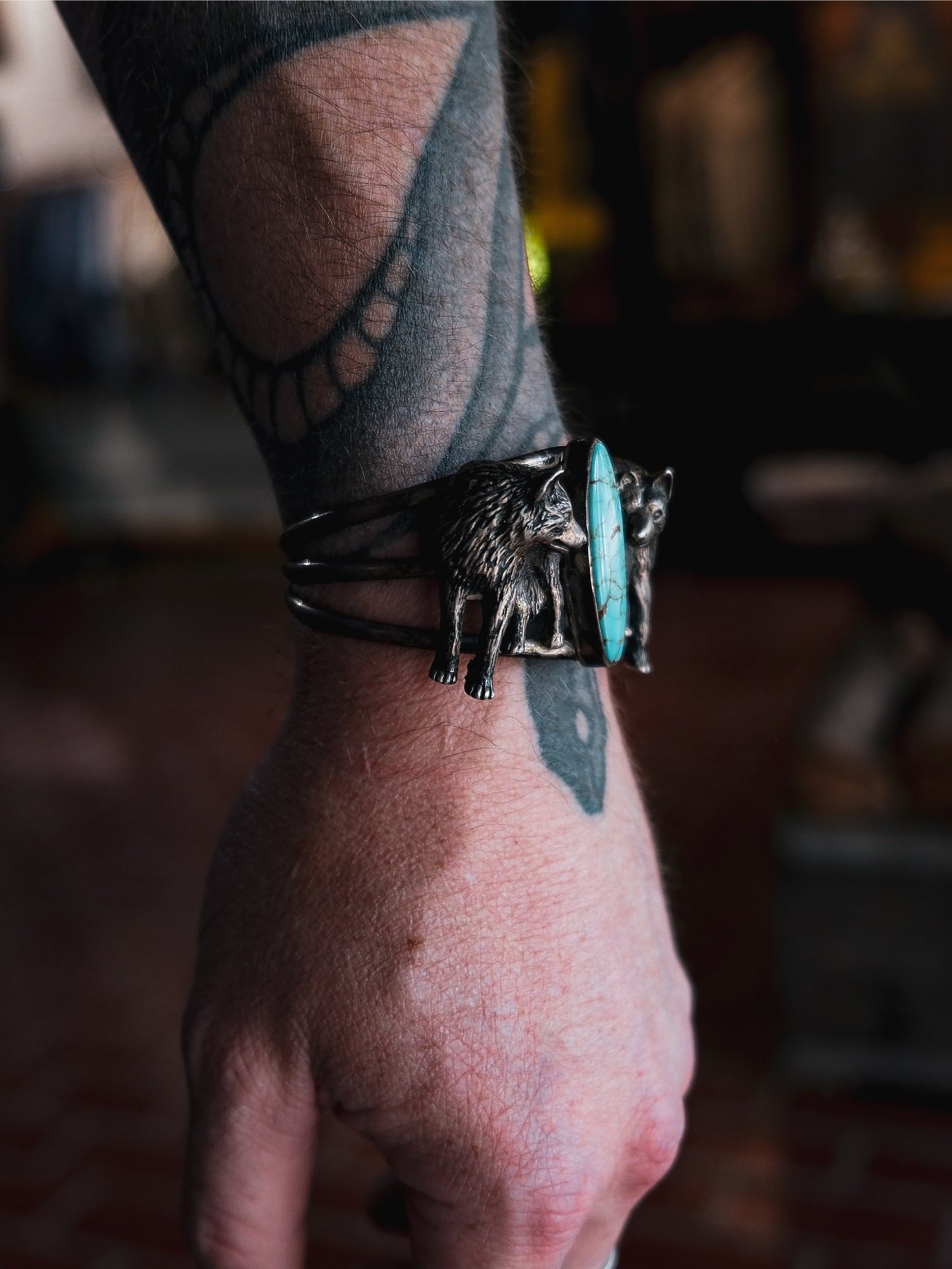 Vintage Navajo Sterling Silver Wolf Cuff Turquoise Bracelet