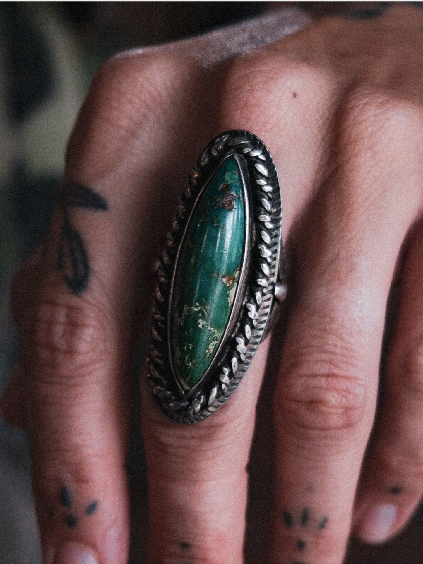 Vintage Sterling Silver Long Turquoise Ring