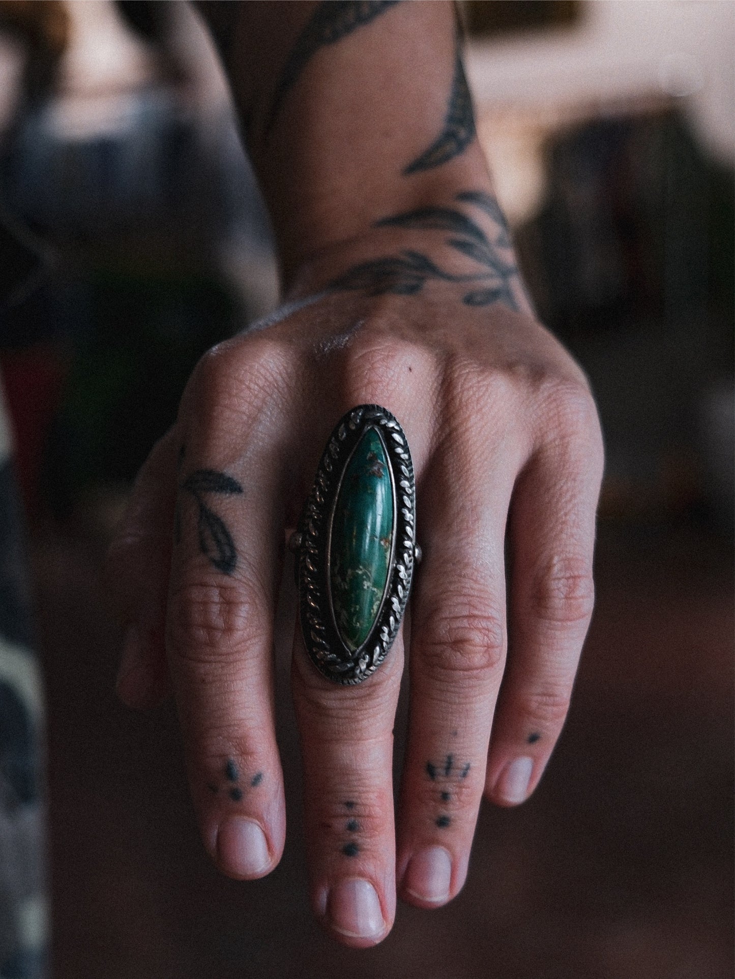 Vintage Sterling Silver Long Turquoise Ring
